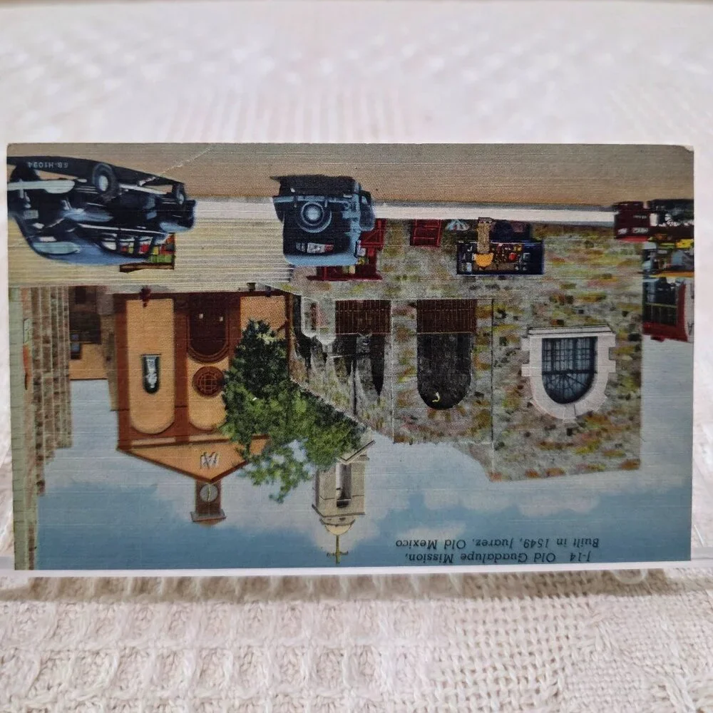Vintage Old Guadalupe Mission Juarez Mexico Linen Postcard UNP Antique Auto Cars
